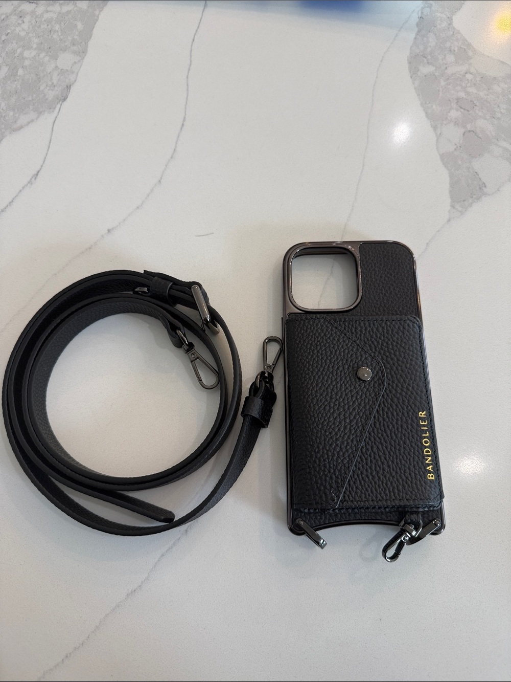 Bandolier Black Leather Crossbody Phone Case with Strap and Card Pocket